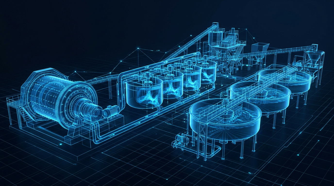Holographic digital twin of a mineral processing plant showing a SAG mill, flotation cells and thickeners